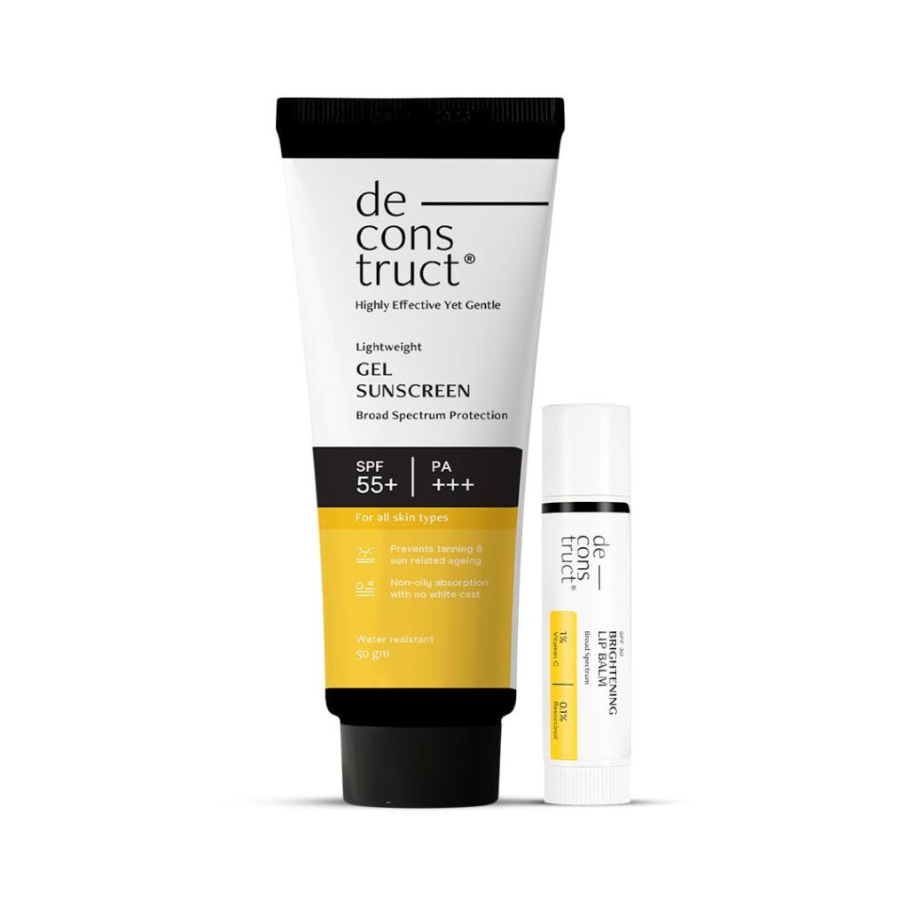 Deconstruct Glow Guard Duo | Brightening Lip Balm (4g) + Gel Sunscreen (50 g) | Lip Balm- For Dark, Pigmented, Dry, Flaky Lips | Brightens Pigmented Lips |Sunscreen- SPF 50+ Gel...