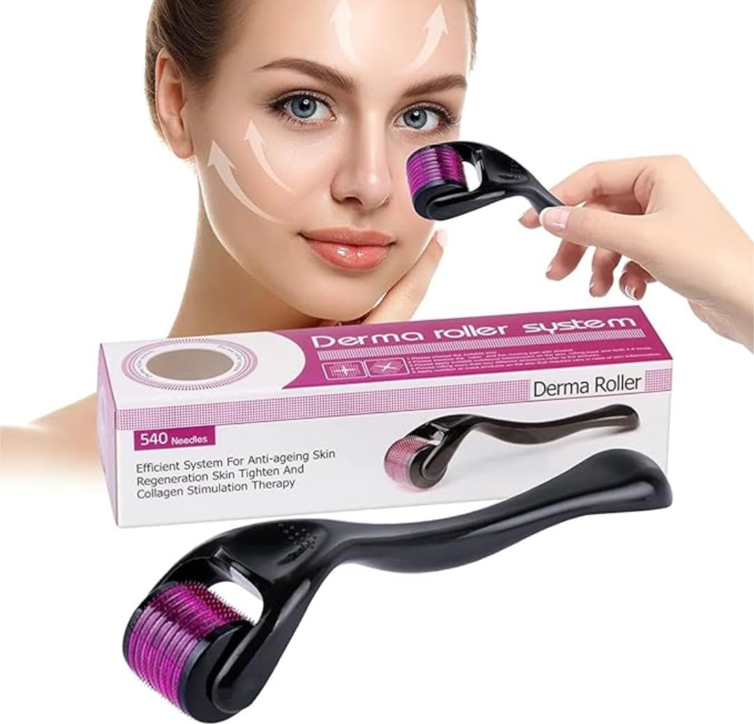 Derma Roller System with 540 Needles, Anti-ageing Skin Regeneration Tool, Titanium alloy micro needles 0.5mm, suitable for beard also, reduces hairfall, stimulates hair follicles