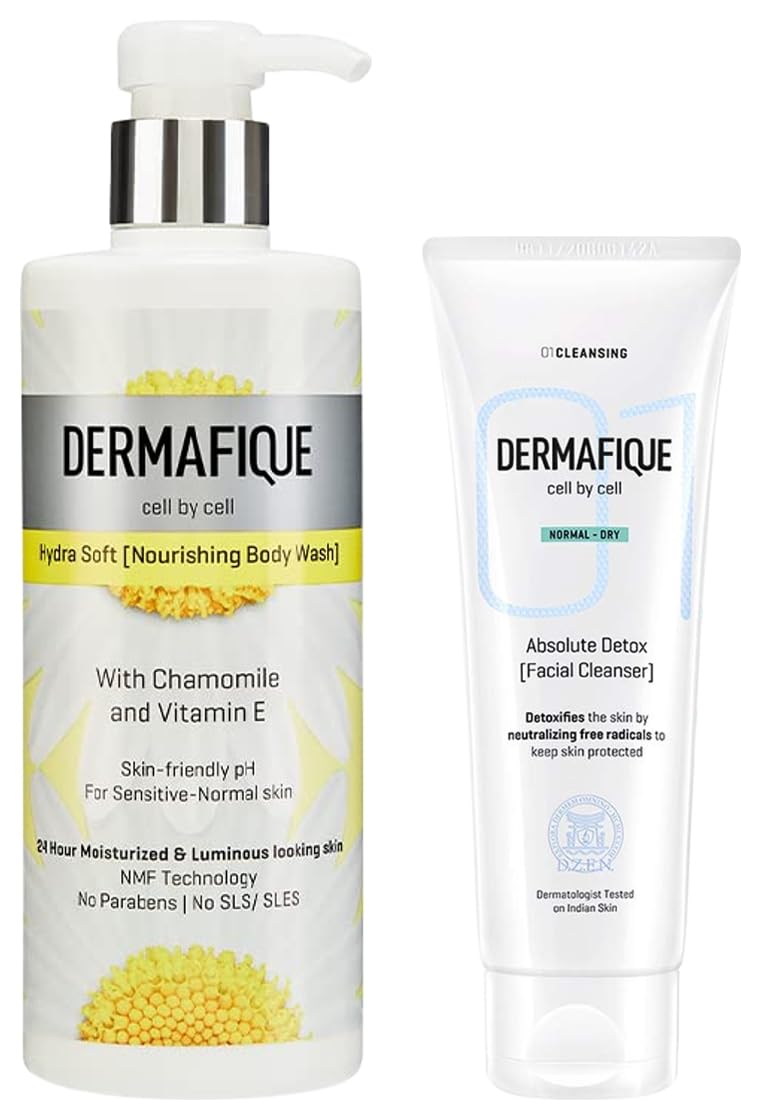 Dermafique Absolute Detox Facial Cleanser – 100ml Fac Hydra Soft Nourishing Body Wash – 500ml Body Wash Enriched with Vitamin E Chamomile Suitable for Sensitive Normal Skin...