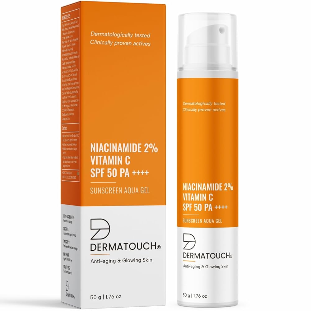 DERMATOUCH Niacinamide 2% Vitamin C Sunscreen for glowing skin | SPF 50+ PA ++++ | Quick Absorbing | Zero White Cast | 50g