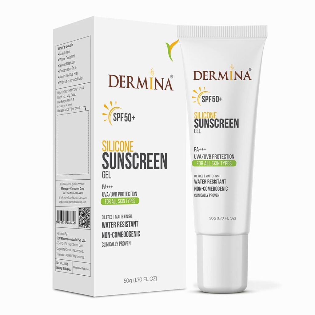 Dermina SPF50 Silicone Sunscreen Gel PA+++ UVA/UVB Acne Prone Oil Free Matte Finish Water Resistant Non-Comodogenic All Skin Type Clinically Proven Sun Screen For Man and Women...