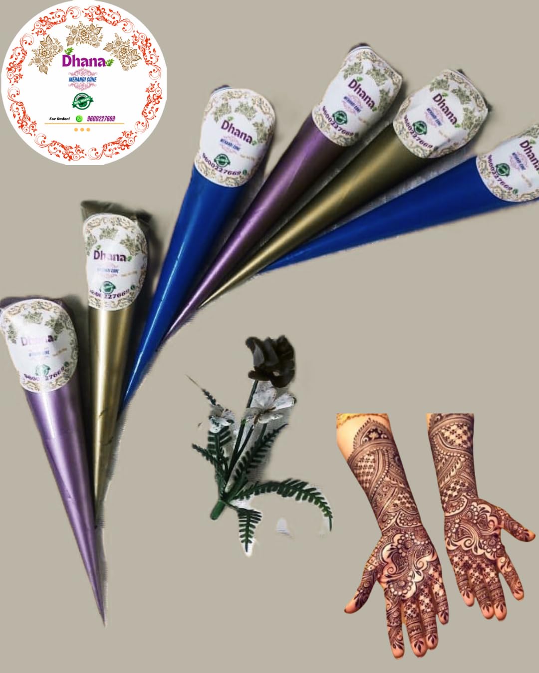 DHANA Natural Organic Henna Mehendi Cones, Dark Red-Brown Stain, Fine Detailing for Hands and Feet, 6 Pack