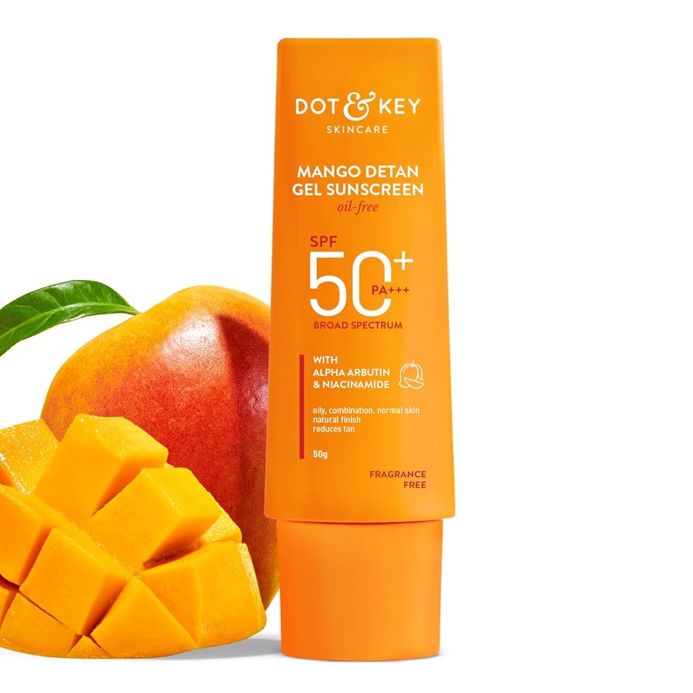 Dot & Key Mango Detan Gel Sunscreen SPF 50+ PA+++ 50g | Oil-Free, With Alpha-Arbutin & Niacinamide | Controls Tanning, Brightens Skin, Ultra-light | Fades Dark Spots, Evens...