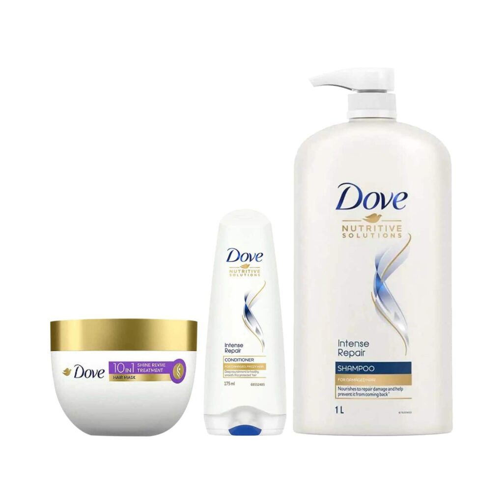 Dove Intense Repair Shampo + Intense Repair Conditioner + Shine Revive Treatment Hair Mask Combo - Dove