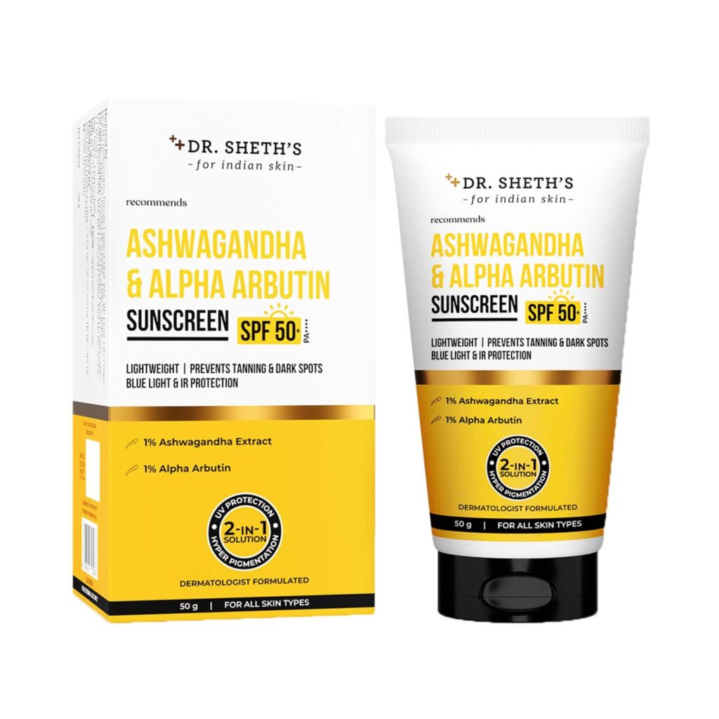 Dr. Sheth's Ashwagandha & Alpha Arbutin Sunscreen With SPF 50+ PA++++ (50 g) - Dr. Sheth's