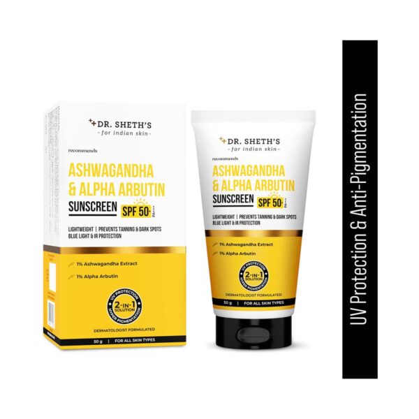 Dr. Sheth's Ashwagandha & Alpha Arbutin Sunscreen With SPF 50+ PA++++ (50 g) - Dr. Sheth's