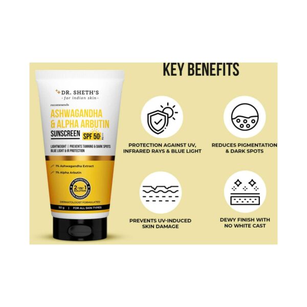 Dr. Sheth's Ashwagandha & Alpha Arbutin Sunscreen With SPF 50+ PA++++ (50 g) - Dr. Sheth's