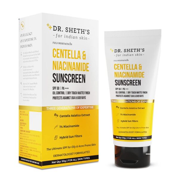 Dr Sheth's Centella & Niacinamide Sunscreen SPF 50 PA+++ | For Oily & Acne-Prone Skin | Sweat Proof & Water-Resistant | Dry Touch Matte Finish | Controls Excess Oil | Protects...