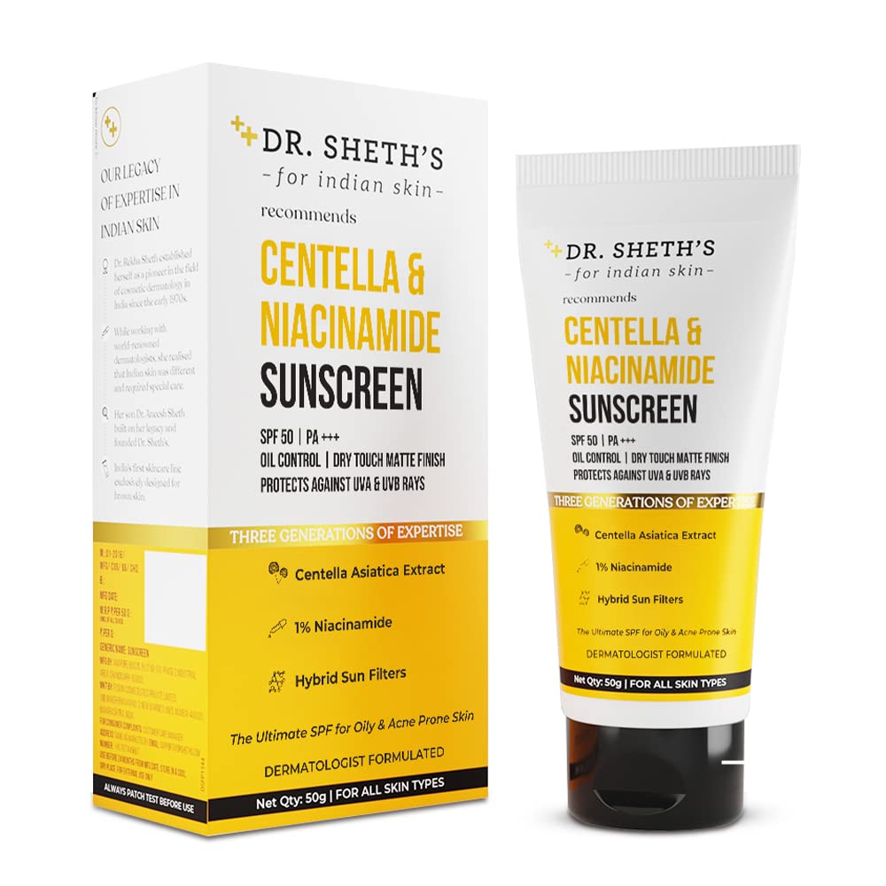 Dr Sheth's Centella & Niacinamide Sunscreen SPF 50 PA+++ | For Oily & Acne-Prone Skin | Sweat Proof & Water-Resistant | Dry Touch Matte Finish | Controls Excess Oil | Protects...