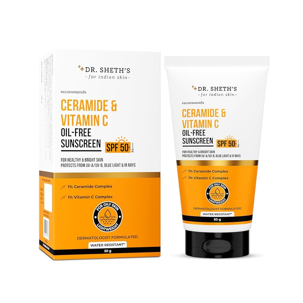 Dr. Sheth's Ceramide & Vitamin C Oil-Free Sunscreen SPF 50+ PA++++ | Clinically Tested- (In -Vivo) | For Healthy & Bright Skin | Lightweight & Non Greasy | For UVA/UVB & Blue...