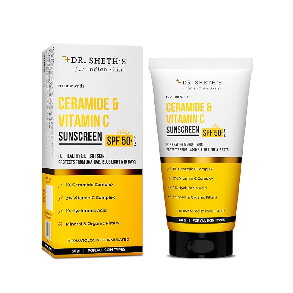 Dr. Sheth's Ceramide & Vitamin C Sunscreen | SPF 50+ Pa+++ | In-Vivo Tested | For Bright Skin & Healthy Glow | Non-Greasy, Quick-Absorbing, No White Cast | UVA/B & Bluelight...