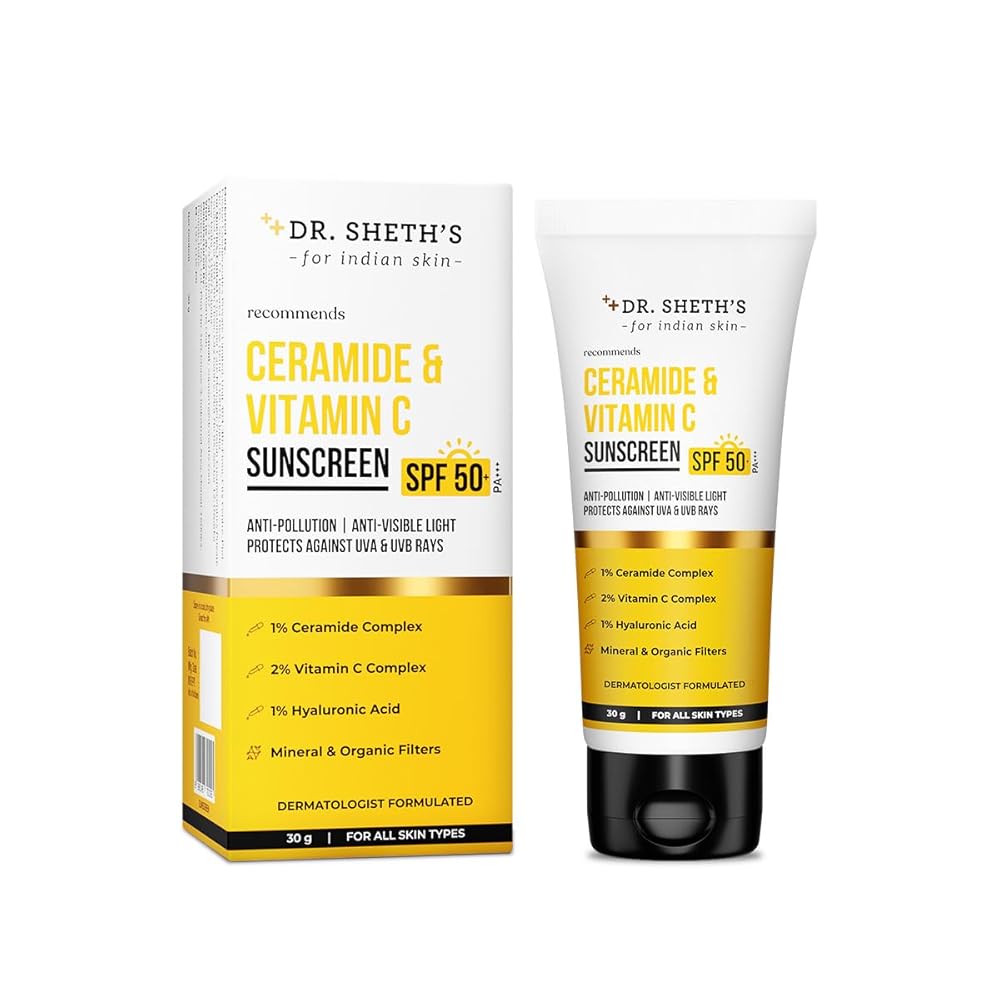 Dr. Sheth's Ceramide & Vitamin C Sunscreen | SPF 50+ Pa+++ | In-Vivo Tested | For Bright Skin & Healthy Glow | Non-Greasy, Quick-Absorbing, No White Cast | UVA/B & Bluelight...