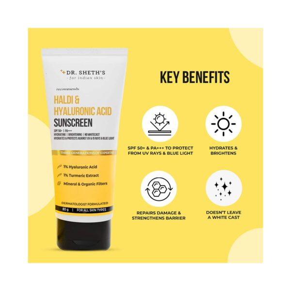 Dr. Sheth's Haldi & Hyaluronic Acid Sunscreen 50+ PA+++ (80g) - Dr. Sheth's