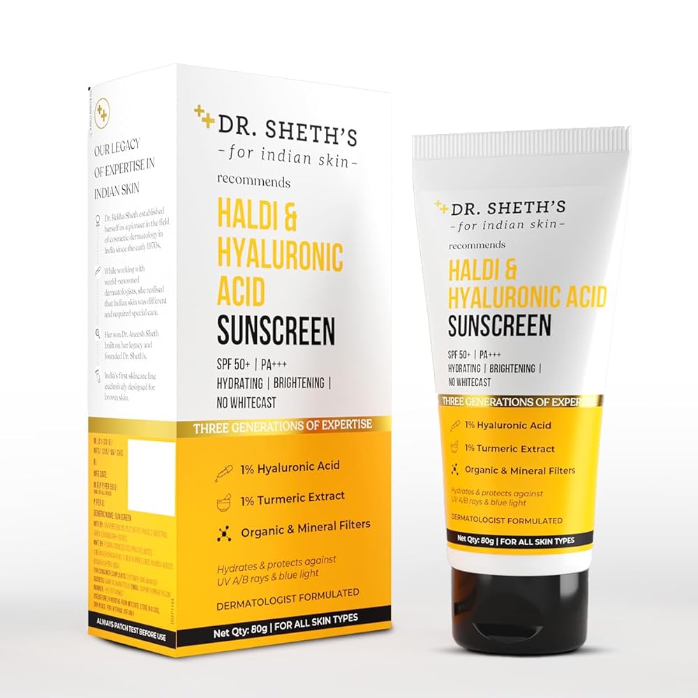 Dr. Sheth's Haldi & Hyaluronic Acid Sunscreen with 1% Hyaluronic Acid | Spf 50+ Pa+++ | Protects Against UVA/B & Blue Light | Hydrating & Brightening | For Men & Women | For All...