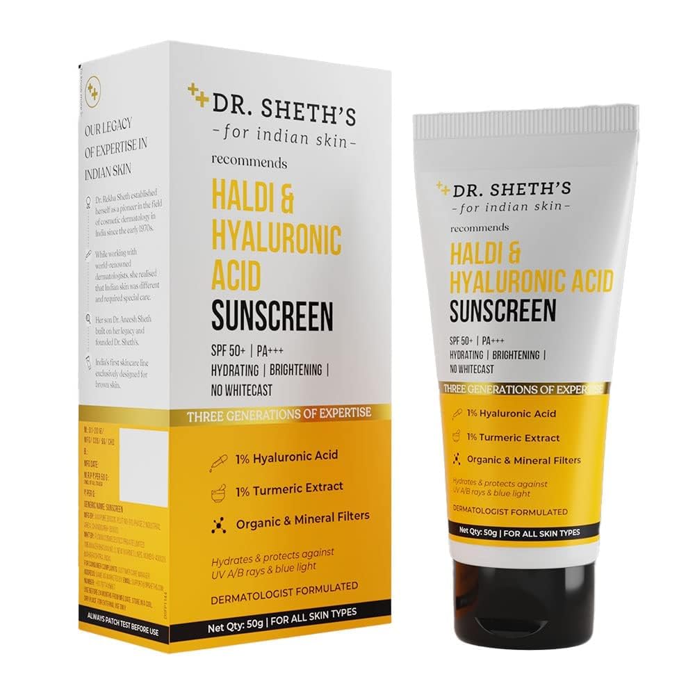 Dr. Sheth's Haldi & Hyaluronic Acid Sunscreen with 1% Hyaluronic Acid | Spf 50+ Pa+++ | Protects Against UVA/B & Blue Light | Hydrating & Brightening | For Men & Women | For All...