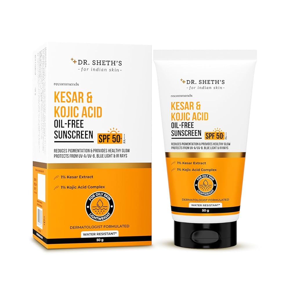 Dr. Sheth's Kesar & Kojic Acid Oil-Free Sunscreen SPF 50+ PA++++|Clinically Tested- (In -Vivo)| Reduces Pigmentation & Provides Healthy Glow | For Oily Skin | Lightweight, Non...