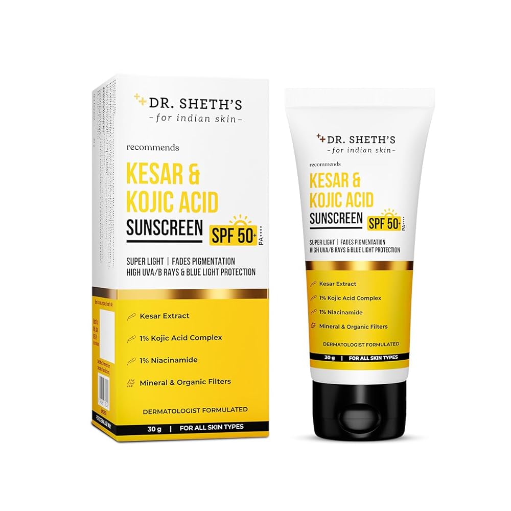 Dr. Sheth's Kesar & Kojic Acid Sunscreen with SPF 50 Pa++++ | For Pigtation-Free Skin | No White Cast & Light Weight | For Daily Moisturization | For All Skin Types | 30 g
