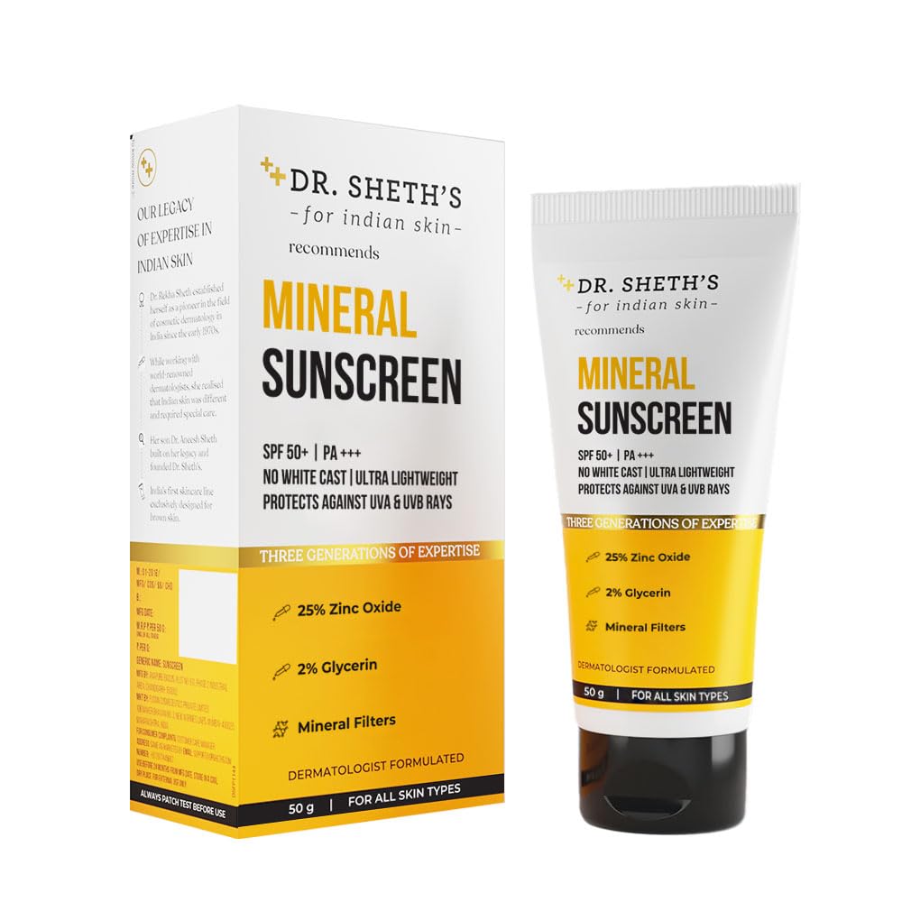 Dr. Sheth's Mineral Sunscreen SPF 50 PA+++ | Water Proof Sunscreen | No White Cast | Quick-absorbing | Ultra Lightweight & Non-sticky | 25% Zinc Oxide | for All Skin Types | for...