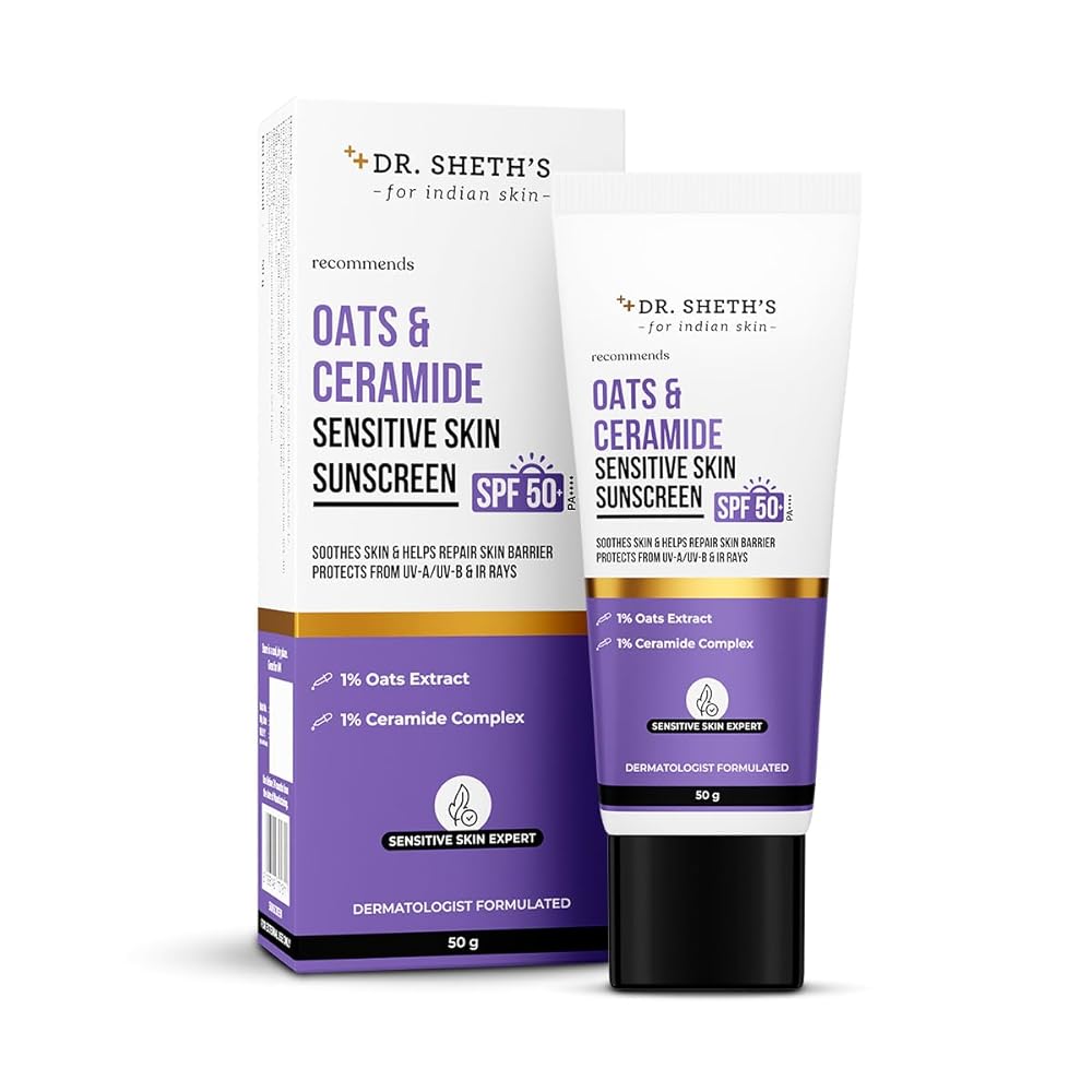 Dr. Sheth's Oats & Ceramide Sunscreen | SPF 50+ PA++++ | Oil-Free Sunscreen For Sensitive Skin | Lightweight & No White Cast | Strengthens Skin Barrier | Sun Protection From...