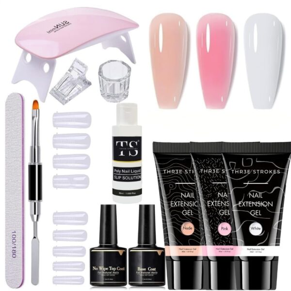 DUDUSTRONG THR3E STROKES Poly Nail Gel Extension Kit for Builder Gel UV Nail Art Kit - Nude, Pink, White (12 Items in the set)