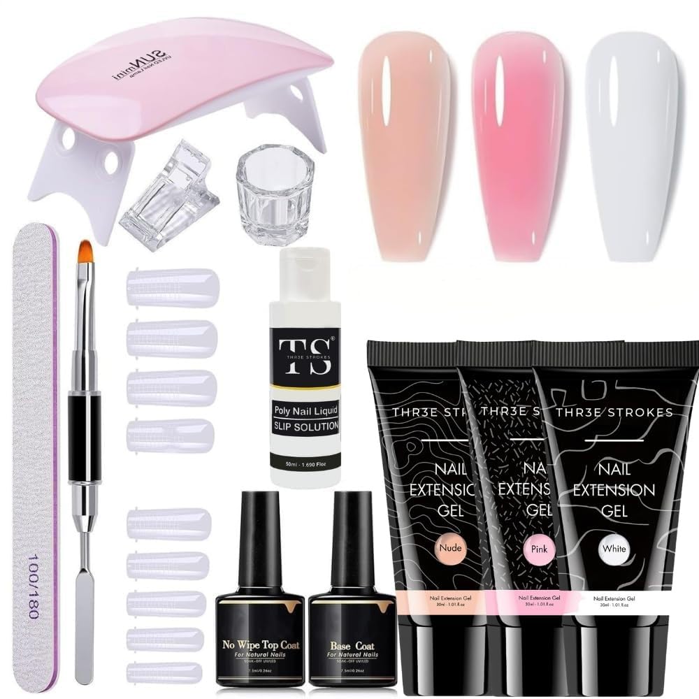DUDUSTRONG THR3E STROKES Poly Nail Gel Extension Kit for Builder Gel UV Nail Art Kit - Nude, Pink, White (12 Items in the set)