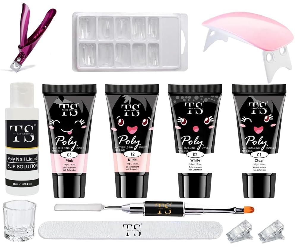 DUDUSTRONG Thr3E Strokes Poly Nail Gel Extension Kit With Slip Solution Uv Nail Lamp For Builder Gel Uv Nail Art Kit Nail Extension Set. (4Ps Polygel + Slip Solution)