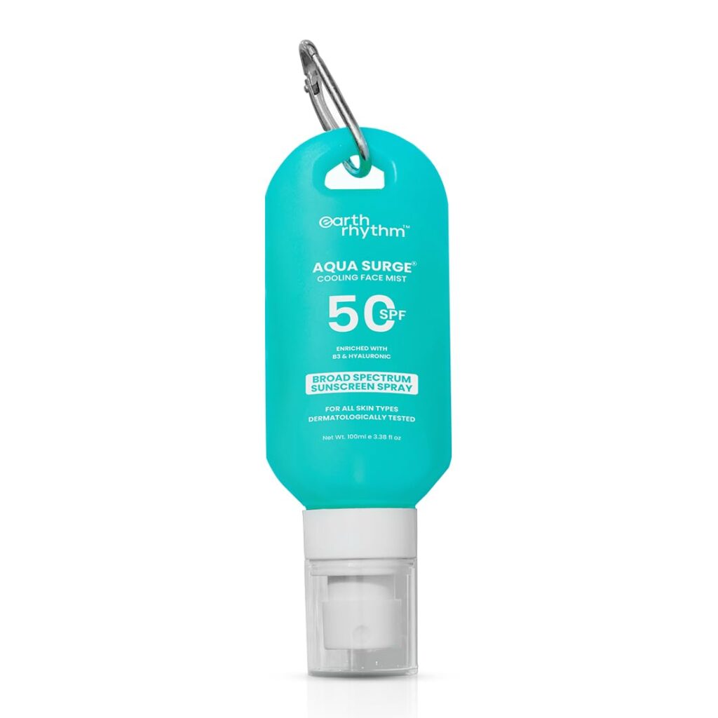 Earth Rhythm Aqua Surge Sunscreen Spray SPF 50, Invisbile SPF Mist, Broad Spectrum, UVA/UVB Protection, Non Greasy, No White Cast, For dry Skin 100ml