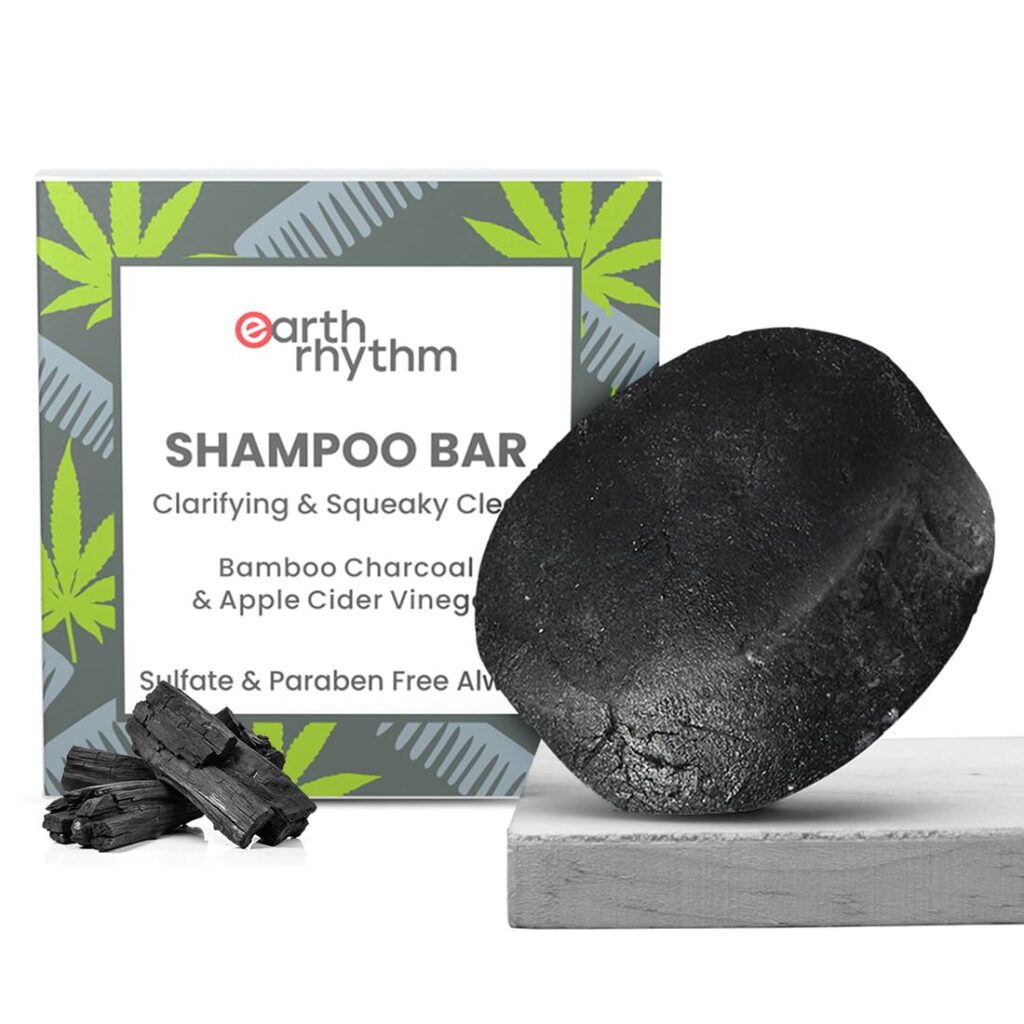 Earth Rhythm Charcoal Shampoo Bar | Clarify scalp, Strengthen Roots, Revitalise Hair | Sulphate & Paraben Free, Plastic Free | Men & Women - 80g (cardboard)
