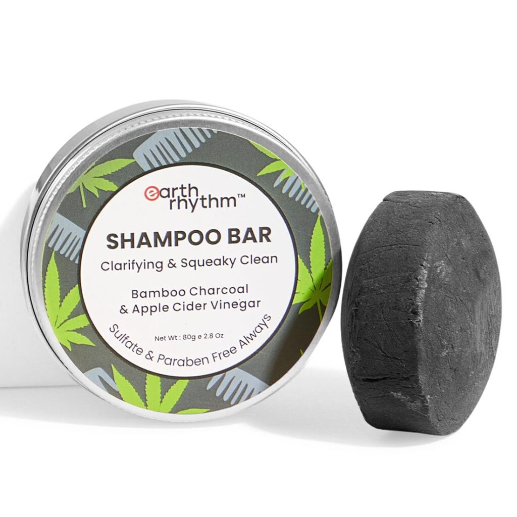 Earth Rhythm Charcoal Shampoo Bar | Clarify scalp, Strengthen Roots, Revitalise Hair | Sulphate & Paraben Free, Plastic Free, Tin Packaging - 80g