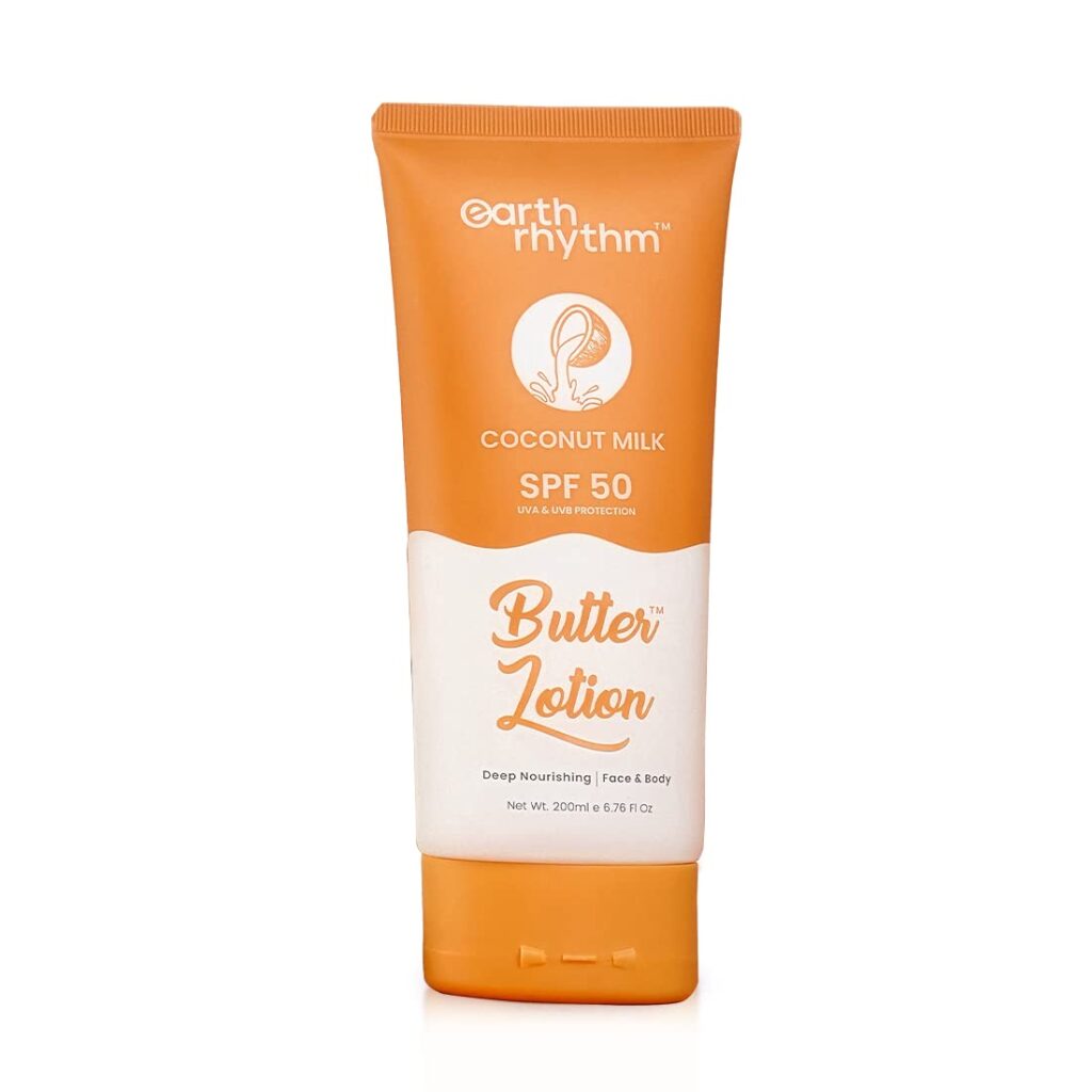 Earth Rhythm Coconut Milk Butter Body Lotion SPF 50 PA+++| Soothes Skin, Hydrates & UVA & UVB Sun Protection | for All Skin Type | Men & Women – 200ml