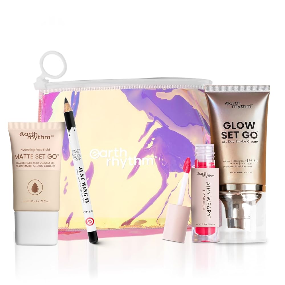 Earth Rhythm Makeup Kit with Strobe Cream - Golden Glow, Foundation - Doughy Drawn, Lipstick - Eliosa, Kajal Pencil, For Festive Ready Look, Gift Set,1 Pack