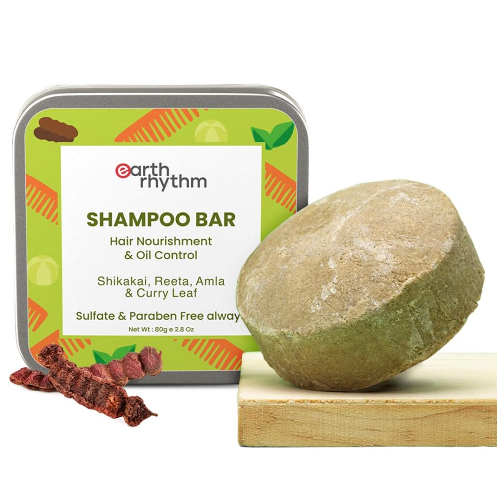 Earth Rhythm Shikakai Shampoo Bar for Hairfall | Contains Shikakai, Curry Leaf, Reeta & Amla Extracts | Men & Women | Sulphate & Paraben Free (Tin Packaging) - 80gm
