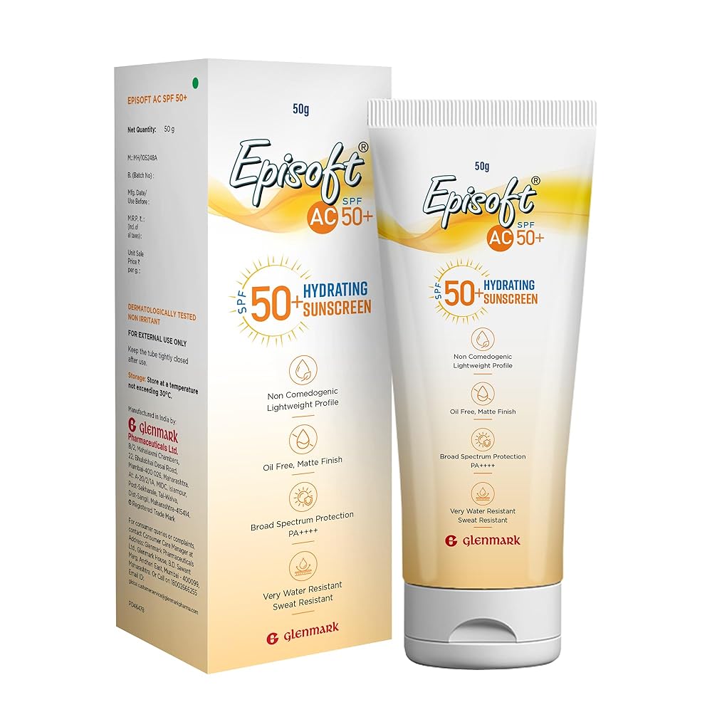 Episoft AC SPF 50 + sunscreen | Maximum Hydration | Protection against both UV-A/UV-B, Water and Sweat Resistance | Lightweight | With anti-aging benefits | For all Skin Types |...