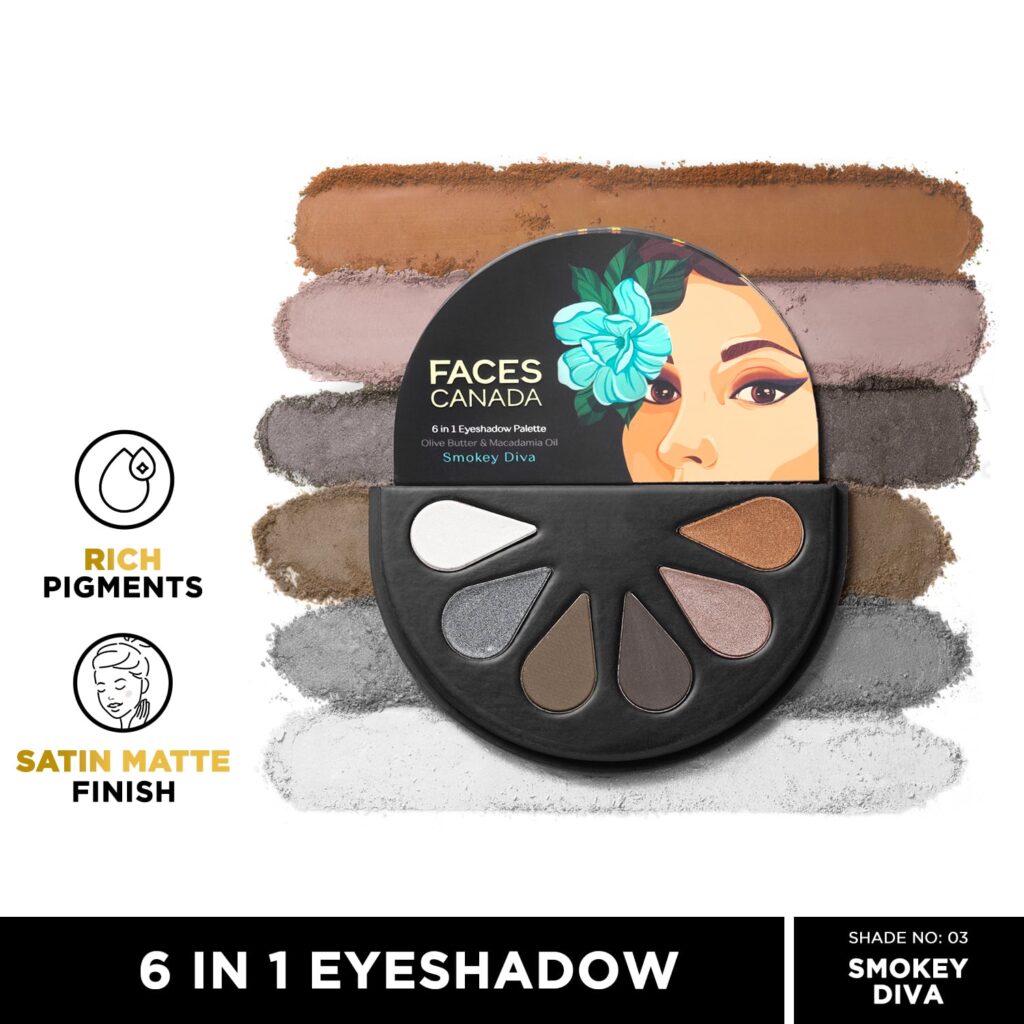 Faces Canada 6 in 1 Eyeshadow Palette - Smokey Diva 03, Olive Butter & Macadamia Oil (6 g) - Faces Canada