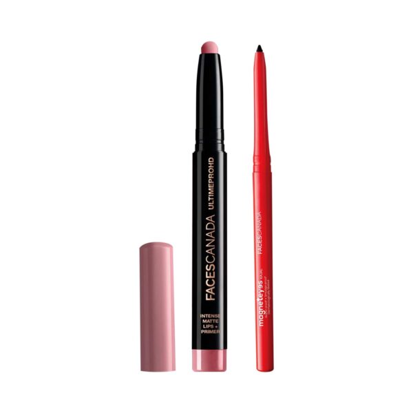 Faces Canada Lip & Eye Combo - HD Lip Crayon (Tea Rose) + Magneteyes Kajal - Faces Canada