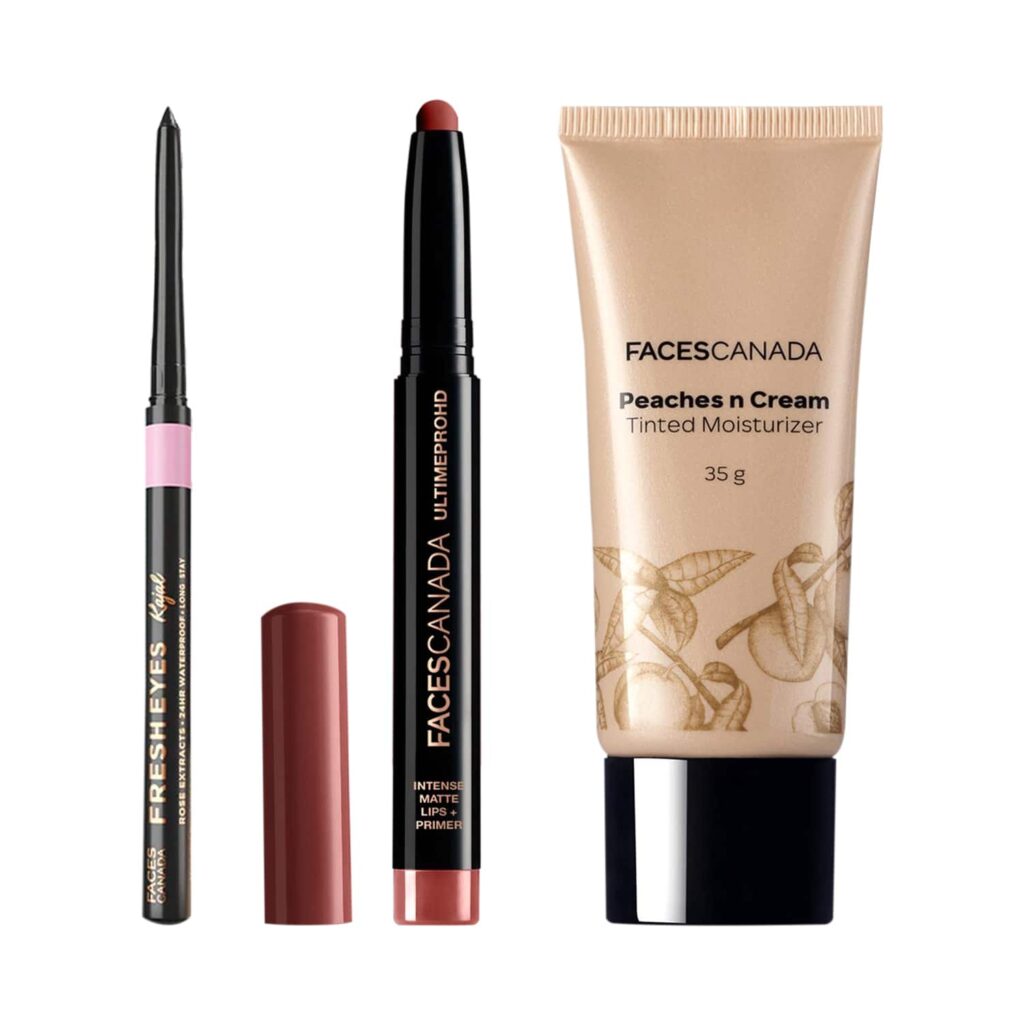 Faces Canada Makeup Essentials Tinted Moisturizer + Fresh Eyes Kajal + HD Intense Lipstick Combo - Faces Canada