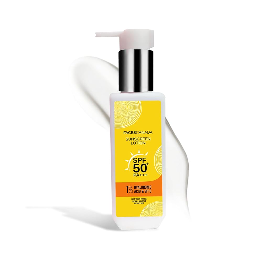 FACES CANADA Sunscreen Lotion, 100ml | SPF 50 PA+++ | Protects From UVA & UVB Rays | 1% Hyaluronic Acid & Vitamin C | Lightweight | No White Cast | Natural Radiant Glow| No...