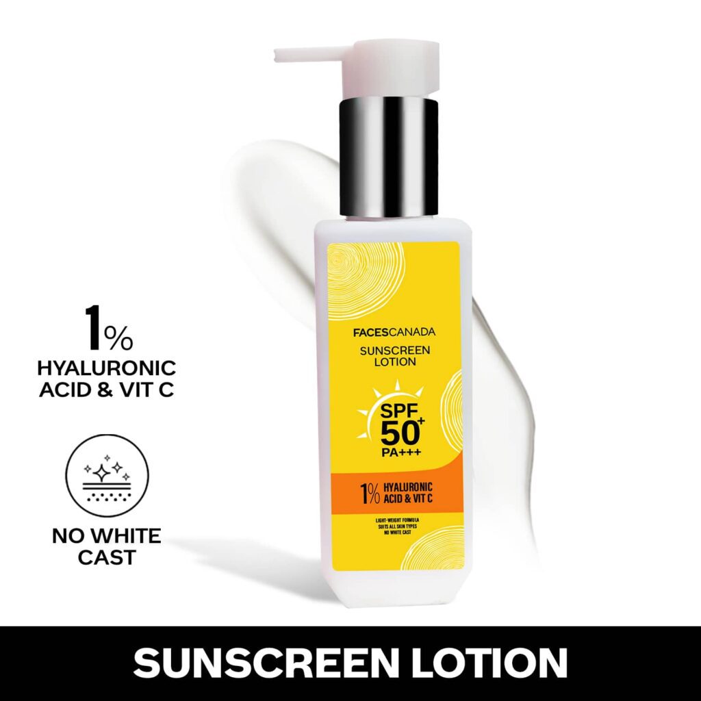 Faces Canada Sunscreen Lotion, SPF 50 PA+++, 1% Hyaluronic Acid & Vitamin C, No White Cast (100 ml) - Faces Canada