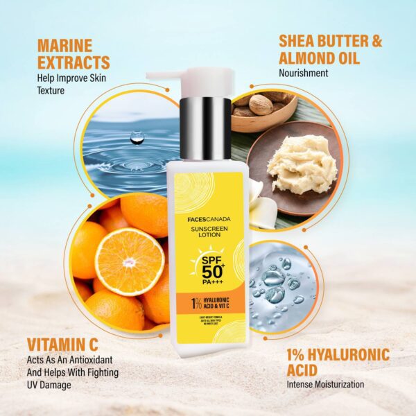 Faces Canada Sunscreen Lotion, SPF 50 PA+++, 1% Hyaluronic Acid & Vitamin C, No White Cast (100 ml) - Faces Canada