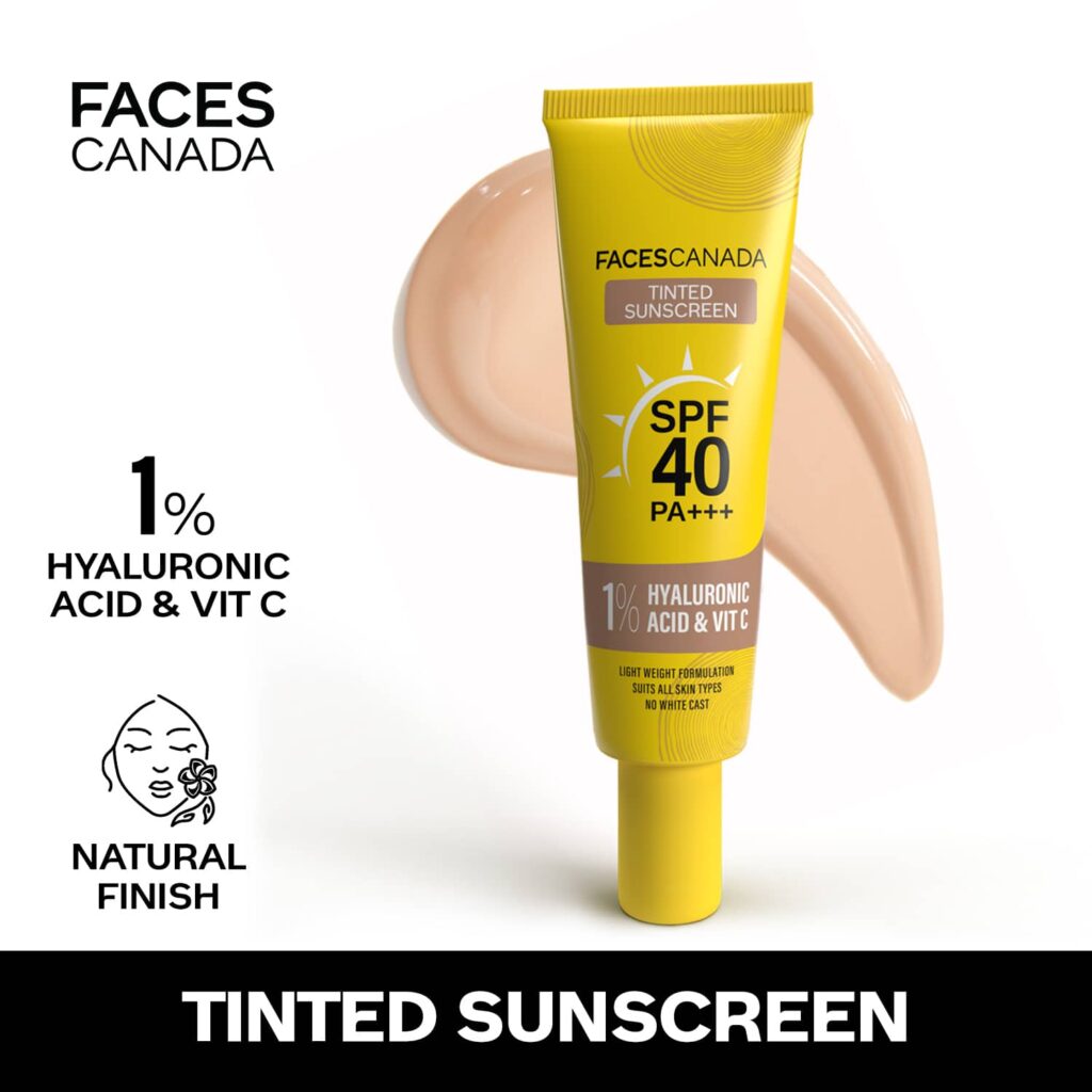 Faces Canada Tinted Sunscreen, SPF 40 PA+++, 1% Hyaluronic Acid & Vitamin C, No White Cast (30 g) - Faces Canada