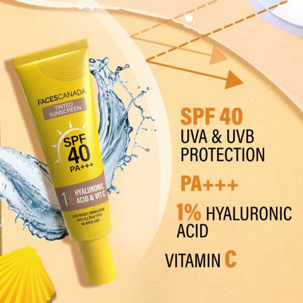 Faces Canada Tinted Sunscreen, SPF 40 PA+++, 1% Hyaluronic Acid & Vitamin C, No White Cast (30 g) - Faces Canada