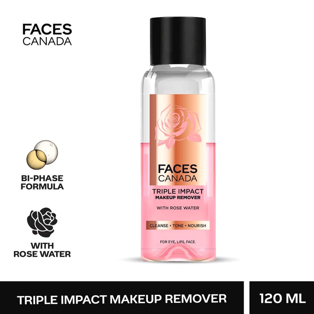 Faces Canada Triple Impact Makeup Remover, With Rose Water, 3-IN-1 Cleanse, Tone & Nourish (120 ml) - Faces Canada