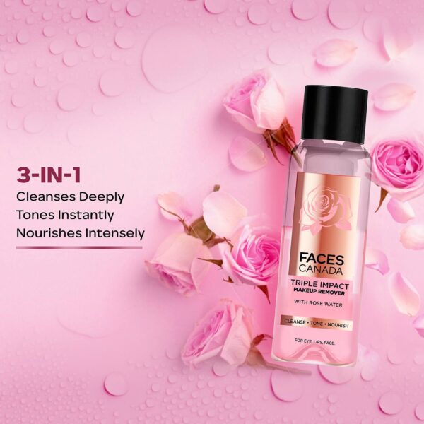 Faces Canada Triple Impact Makeup Remover, With Rose Water, 3-IN-1 Cleanse, Tone & Nourish (120 ml) - Faces Canada