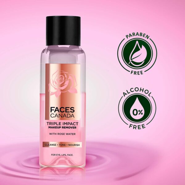 Faces Canada Triple Impact Makeup Remover, With Rose Water, 3-IN-1 Cleanse, Tone & Nourish (120 ml) - Faces Canada