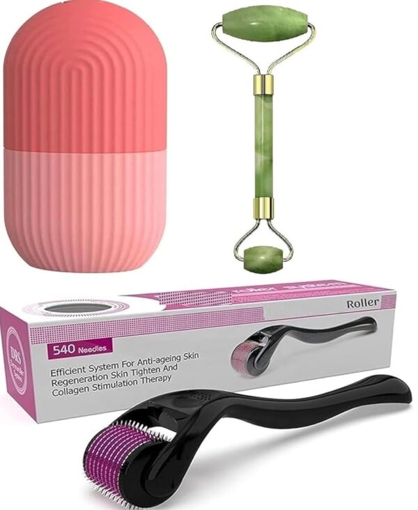 Facial Massager Set of 3, Jade Stone Tool, Himalayan Stone, 0.5mm 540 Titanium Needles Roller, Silicone Ice Face Roller Cube