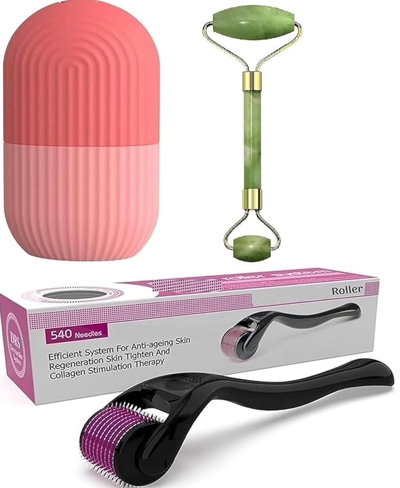Facial Massager Set of 3, Jade Stone Tool, Himalayan Stone, 0.5mm 540 Titanium Needles Roller, Silicone Ice Face Roller Cube