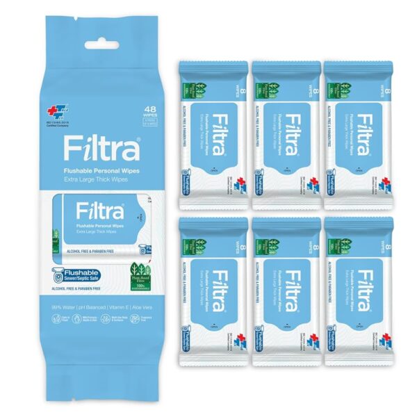 Filtra® Flushable Personal Wipes | 99% Water Wipes | 100% Flushable & Septic Safe | Baby Wipes | Toilet Wipes | Intimate Wipes | Menstrual Wipes | Hygiene Wipes| Surface Wipes |...