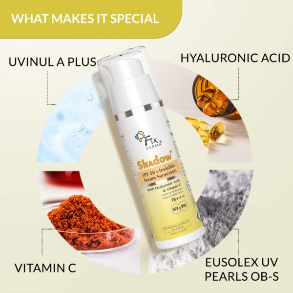 Fixderma Shadow Invisible Serum Sunscreen SPF 50+ PA+++ -With Vitamin C & Hyaluronic Acid (30 ml) - Fixderma