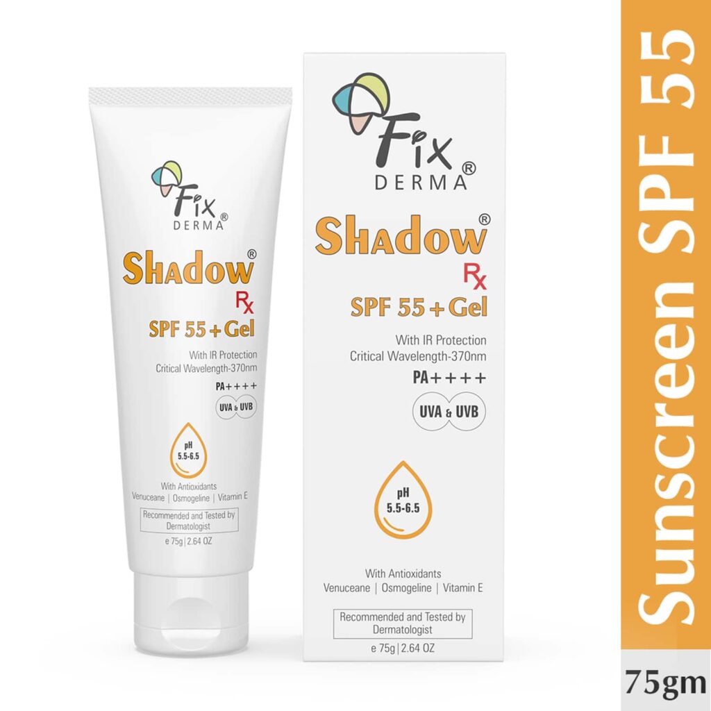 Fixderma Shadow RX Sunscreen Gel SPF 55+ PA+++ UVA & UVB with IR Protection & Vitamin E (75g) - Fixderma