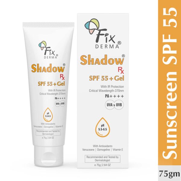 Fixderma Shadow RX Sunscreen Gel SPF 55+ PA+++ UVA & UVB with IR Protection & Vitamin E (75g) - Fixderma